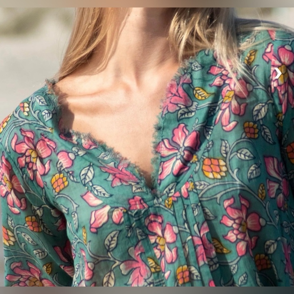 Natural Life Teal Colorful Floral Cotton Boho Summer Tunic Top - Picture 2 of 7